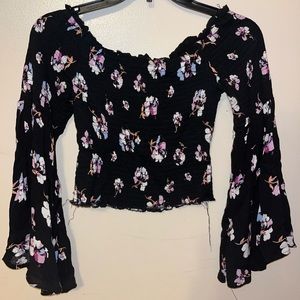 Floral bell-sleeve off the shoulder crop top